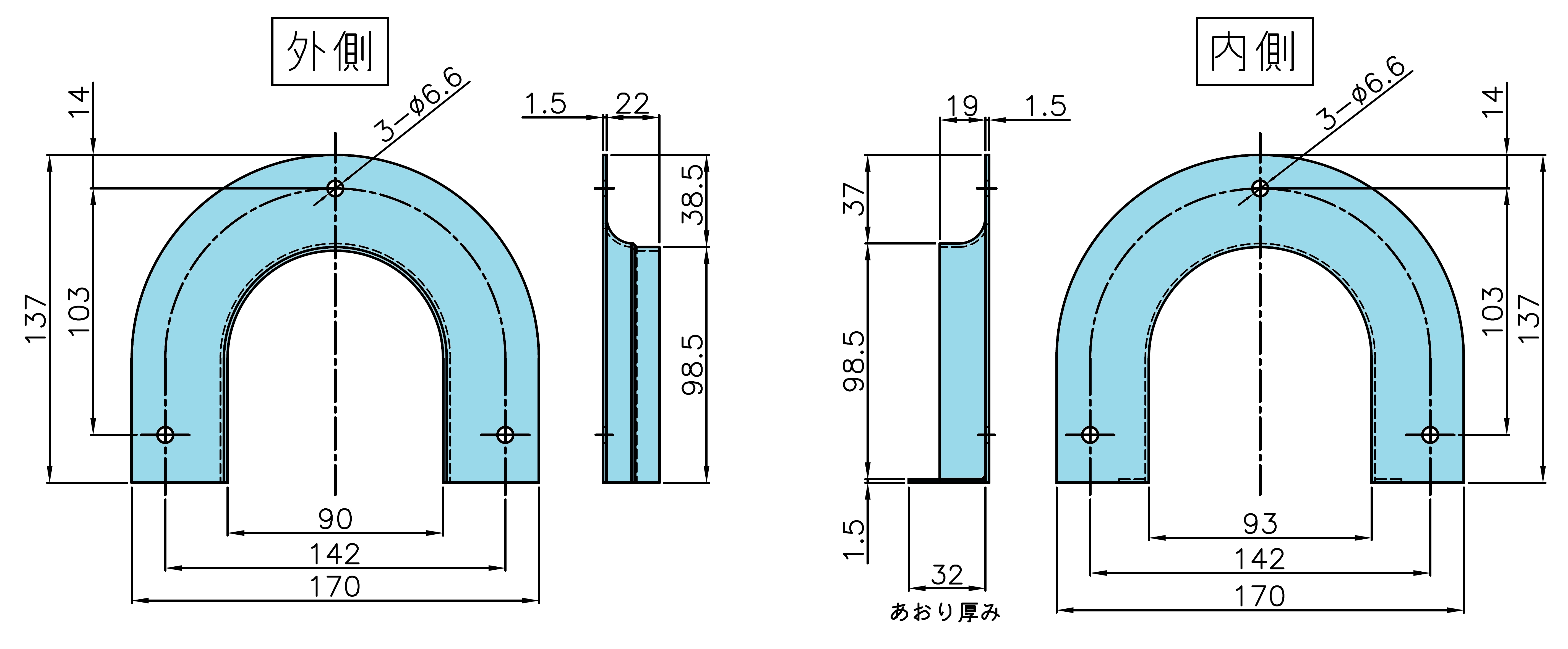 4200622 SUS304馬蹄型ロープ通し枠 段無用 あおり厚32mm用 代引き不可 表ウロコ 裏バイブレーション
